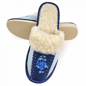 Papuci de Casa Dama Imblaniti cu Lana de Oaie Model 'Root Traditions' Blue