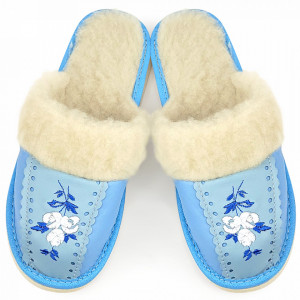 Papuci de Casa Dama Imblaniti cu Lana de Oaie Model 'Root Traditions' Sky Blue