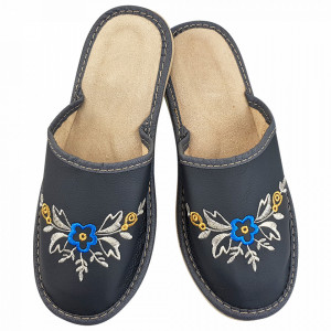 Papuci de Casa Dama, Material Piele, Culoare Gri, Model 'Flowers Wing'