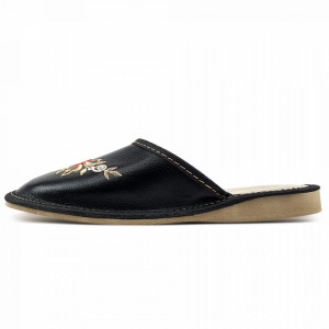 Papuci de Casa Dama, Material Piele, Culoare Negru, Model 'Mysterious Beauty'