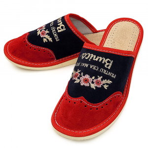 Papuci de Casa Dama Material Piele Model 'Pentru Cea Mai Buna Bunica' Red/Black