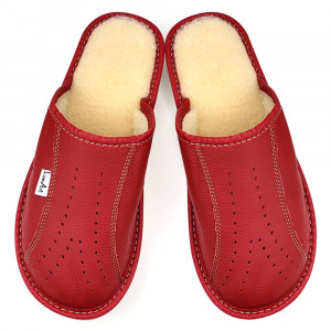 Papuci de Casa din Piele cu Talpa Groasa Îmblăniți cu Lână , Model 'Luxury Woman' Red