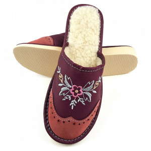 Papuci de Casa din Piele Intoarsa Imblaniti cu Lana Model 'London Brogue Inspire' Burgund