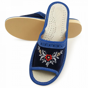 Papuci de Casa Vara din Piele Intoarsa Culoare Albastra Model 'Tradition Spirit'