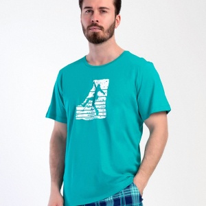 Pijamale Barbati cu Pantalon 3/4 Vienetta | MAN Model 'Cliffhanger' Green. Prezentare pijama detaliu bluza.