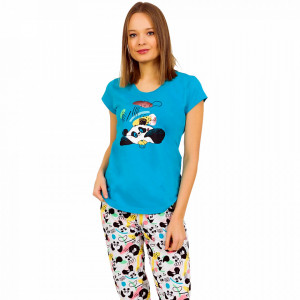 Pijamale Dama Vienetta din Bumbac cu Pantalon 3/4 Model 'Panda's Dream' Blue