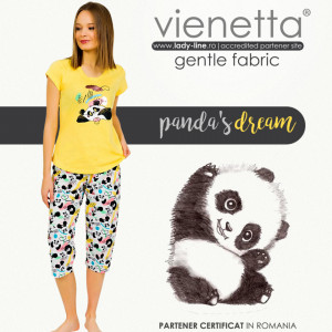 Pijamale Dama Vienetta din Bumbac cu Pantalon 3/4 Model 'Panda's Dream' Yellow