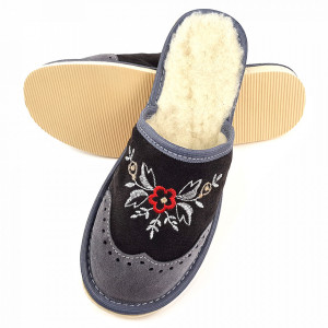 Papuci de Casa din Piele Imblaniti cu Lana Model 'London Brogue Inspire' Dark