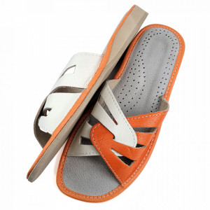 Papuci de Casa Vara din Piele Culoare Alb/Negru Model 'Sunny Summer' Orange