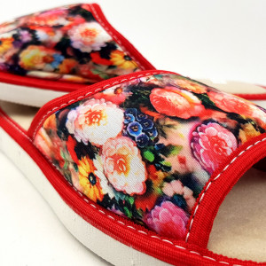 Papuci de Casa Vara Material Textil cu Talpa Groasa Culoare Rosu Model 'Amour Garden'