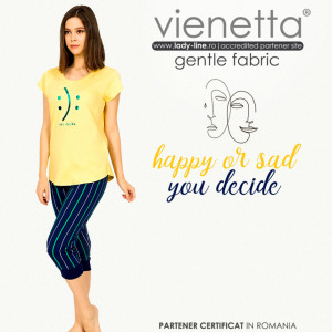 Pijamale Dama Vienetta din Bumbac cu Pantalon 3/4 Model 'Happy or Sad You Decide'