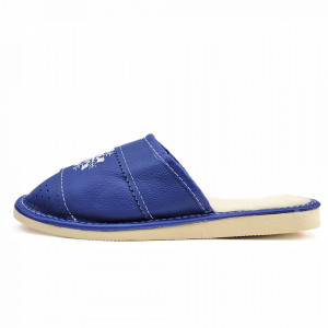 Papuci de Casa din Piele si Lana de Oaie Culoare Alb Model 'Suflet Pur' Dark Blue