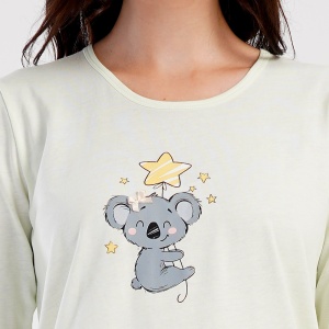 Pijamale Dama din Bumbac 100% Vienetta, Model 'Pure Love' Green. Prezentare pijama detaliu imprimeu bluză.