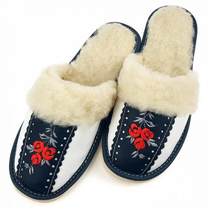 Papuci de Casa Dama Imblaniti cu Lana de Oaie Model 'Root Traditions' Dark Blue