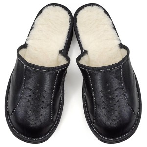 Brown Wool-Lined Leather Slippers 'New Dark Black' Model