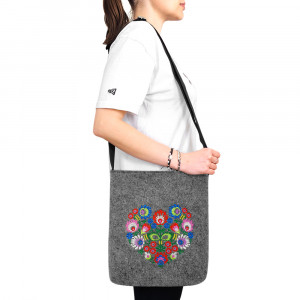 Geanta din Postav cu Maner Lung Model 'Flower Heartbeats' Gray