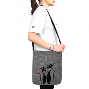 Geanta din Postav cu Maner Lung Model 'Kitty in Love' Gray