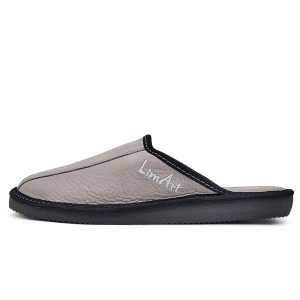 Papuci de Casa din Piele cu Talpa Groasa Culoare Gri, Model 'Luxury Man' Gray-Prezentare papuci din lateral.