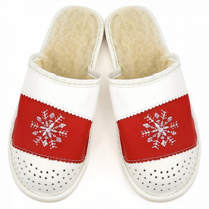Leather Slippers with Wool Lining Model 'Let it Snow' White