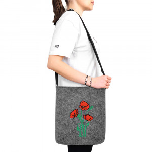 Geanta din Postav cu Maner Lung Model 'Beauty of Poppies' Gray