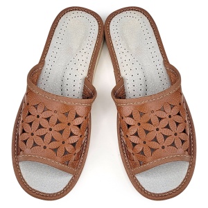 Papuci de Casă Damă din Piele - Model 'Flowers Patrol' Brown | Confort și Stil