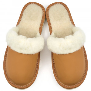 Papuci de Casa Dama Imblaniti cu Lana de Oaie Model 'Joy Season' Brown Light