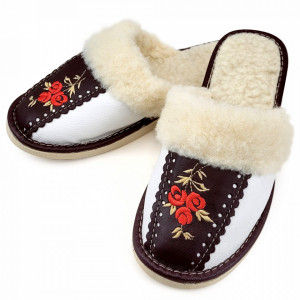 Papuci de Casa Dama Imblaniti cu Lana de Oaie Model 'Root Traditions' Dark Brown