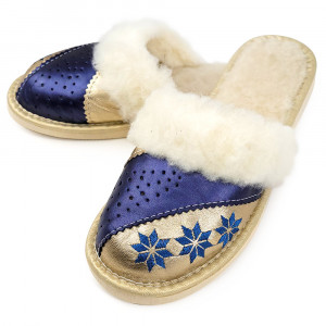 Papuci de Casa Dama Imblaniti cu Lana de Oaie Model 'Spirit of Winter' Gold
