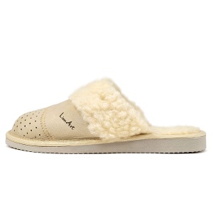 Papuci de Casă de Damă din Piele și Lână Model 'Elegance in Simplicity' Cream-Prezentare papuci din lateral.