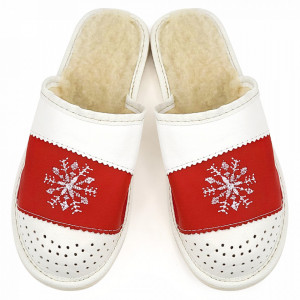 Papuci de Casa din Piele Imblaniti cu Lana Model 'Let it Snow' White