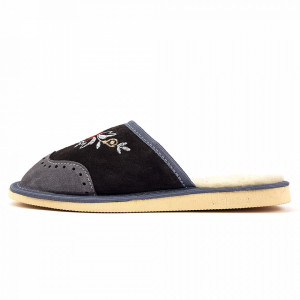 Papuci de Casa din Piele Imblaniti cu Lana Model 'London Brogue Inspire' Dark