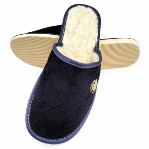 Papuci de Casa din Piele Intoarsa Imblaniti cu Lana Naturala Model 'Touching Bear' Dark Blue