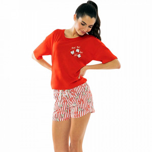 Pijamale Dama Manesca Scurta Pantalon Scurt Vienetta Model 'Pop Pop Corn' Red