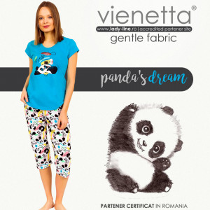 Pijamale Dama Vienetta din Bumbac cu Pantalon 3/4 Model 'Panda's Dream' Blue