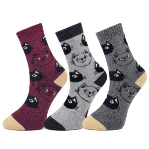 Set 3 Perechi Șosete Damă din Lână de Alpaca - Cat Lover - Midnight Wine Edition - Design Vesel cu Pisicuțe