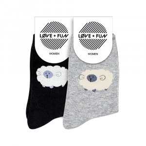 Șosete din Bumbac Love + Fun Set 2 Perechi Model 'Fluffy Sheep' Black & Gray