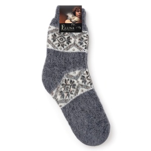Vedere de sus a șosetelor din lână Nordic Winter Grey prevăzute cu eticheta originală Eluna.