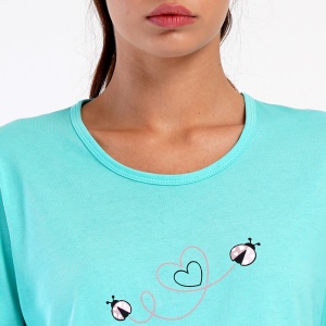 Pijamale Dama din Bumbac Vienetta Model ''Ladybug Love' Green Mint | Confort Romantic. Prezentare detaliu imprimeu.