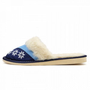 Papuci de Casa Dama Imblaniti cu Lana de Oaie Model 'Spirit of Winter' Blue