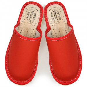 Women's Slippers, Leather Material, Cream Color, Model 'Select' Red