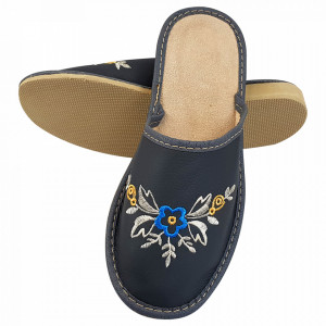 Papuci de Casa Dama, Material Piele, Culoare Gri, Model 'Flowers Wing'