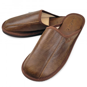 Papuci de Casa din Piele cu Talpa Groasa Culoare Maro, Model 'Luxury Man' Brown