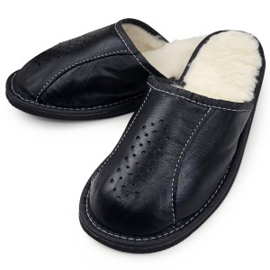 Papuci de Casa din Piele Îmblăniți cu Lana Culoare Maro Model 'New Dark Black'