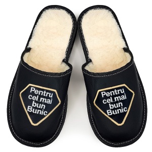 Furry Slippers with Wool 'For the Best Grandpa' Pattern | Black Color
