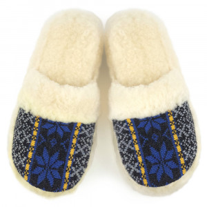 Papuci de Casa din Lana de Oaie Culoare Albastru Model 'Geometry' Subtle Blue