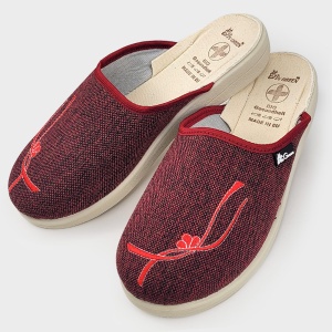 Papuci de Casă din Material Textil Model 'Eco Bloom' Burgundy In Green | Talpă BIO Gesundheit