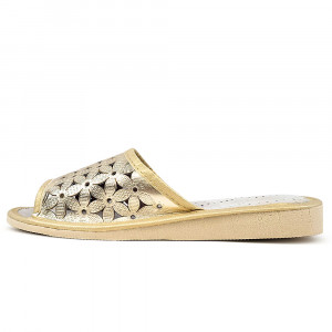Papuci de Casa din Piele Culoare Auriu Model 'Flower Patrol' Gold