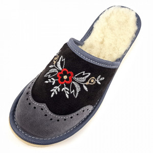 Papuci de Casa din Piele Imblaniti cu Lana Model 'London Brogue Inspire' Dark