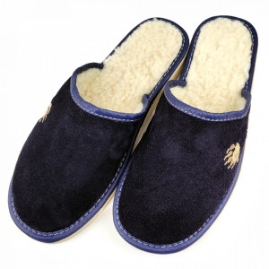 Papuci de Casa din Piele Intoarsa Imblaniti cu Lana Naturala Model 'Touching Bear' Dark Blue