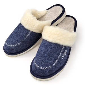 Papuci de Casă din Postav cu Guler de Lână Model 'Denim Wool' Albastru Denim